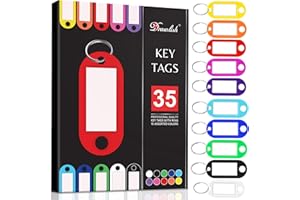 DRAWLISH Key Tags with Labels - Pack of 35 Durable Key Fobs with Split Keyrings - 10 Colors Key Labels with Top Holes - Ideal for Luggage, Pet Name, Key Identification, & More