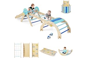 GOPLUS 9 en 1 Triangle Escalade Montesorri pour Enfants 1 Ans+, Parcours Montesorri Bebe Bois Pliable avec Arche, Rampe, Corde&Échelle, Pont, Aire de Jeux Intérieur (Astre|9 en 1,Bleu)