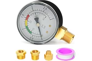 JEONDFG Wasser Manometer,1/4 Zoll Pool Druckmanometer Wasser Manometer,Manometer für sandfilter,mit 3 Stück Buchse 1/4" bis 1/8", 1/4" bis 3/8" und 1/4" bis 1/2" und einem Teflonband,für Pool und Fischteiche