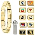 papasgix Italian Charm Bracelet Gold Set with Starter Brascelet, Assorted Charms and Opening Tools, 9mm Modular Italian Charm Bracelet Links Handmade DIY Jewelry, one, 钛钢, Diamond
