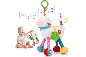 hahaland Juguetes Bebes 0 3 6 Meses - Peluche Musical con 4 Música, Sonajero, Mordedor, Espejo - Colgantes Musical Suave para Bebes 3 6 12 Meses