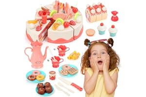 kramow Juguetes para Niñas de 3 años, Set de Comida, Pastel de Cumpleaños, Postre, Tetera, Juguetes de Cocina Regalo para Niñas Mayores de 3 años, Juego Educativo y Creativo