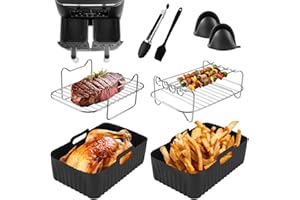 GEDFONG Air Fryer Accessories for Ninja Dual AF300UK AF400UK Tower T17088, 8PCS Ninja Dual Air Fryer Accessories Including Silicone Air Fryer Liners, Metal Racks, Food Clip Brush Gloves, Black