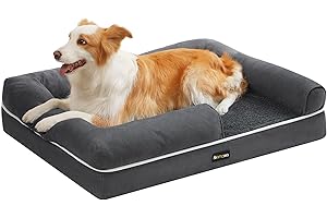 FEANDREA Łóżko ortopedyczne dla psów, sofa, łóżko dla zwierząt, miękka wyściółka, podniesione krawędzie, zdejmowany i nadający się do mycia pokrowiec, 91 x 71 x 20 cm, antypoślizgowe, ciemnoszary