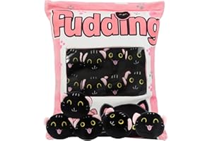 GDGZT Black Cat Plush Pillow, Cute Cat Plush Toy, Removable Pudding Cat Pillow with Kitty Stuffed Animals, Cat Gift for Girls, Boys, Kids Birthday (8 Pink Kittens)