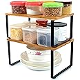 Cupboard Shelf Organiser, Stackable Set of 2 Bamboo Kitchen Counter Spice Rack, Expandable Storage Rack-Black