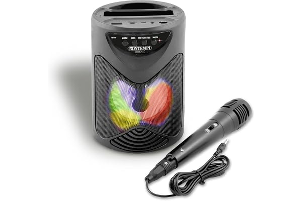 Bontempi | SonicSync - Amplificateur Audio sans Fil avec Microphone Dynamique, Compartiment pour Smartphone, Effets De Lumière et Effet D'Écho, 18,9x15,9x12,9 cm