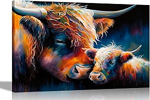 Artley Prints - Loving Highland Cow And Infant Colourful Canvas Pictures for Living Room - Wall Art for Bedroom, Hallway - Modern Prints Large 76 x 50cm (30 x 20 inches)