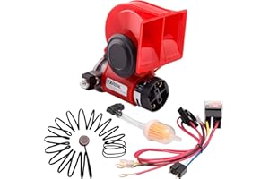 FARBIN Kit de klaxon de voiture 12 V 150 dB avec compresseur, klaxon compact avec bouton relais pour voiture, camion, Jeep (12 V, klaxon d'air rouge avec bouton)