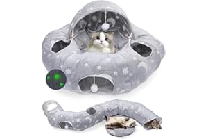 TECHVIZRS Katzentunnel mit Leuchtfunktion, Faltbar Katzen Tunnel mit Spielball Katzebett, Multifunktionales Rascheltunnel Katzenhöhle Interaktives Spielzeug für Indoor kätzchen (Grau)