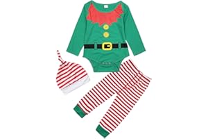 FANCYINN Trajes de Navidad para bebés y niñas Disfraces de elfos para bebés y niños Camisetas de manga larga Tops con pantalones a rayas y conjunto de sombrero Trajes verdes 0-12 meses