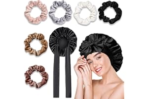 SPOKKI Seidenhaube Zum Schlafen, Satin Haarhaube für Damen 6 Seide Haargummis Haarhaube für Die Nacht Satin Bonnet Schlafhaube Seide Verstellbare Silk Bonnet Sleep Cap Bonet für Damen und Mädchen