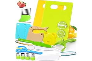 FOREDOO Coltelli da Cucina per Bambini, 18 Pezzi Sicurezza di Coltello da Cucina per Bambini, Completo di Coltello da Taglio, Tagliere e Coltello di Legno per Cucinare e Tagliare Frutta e Verdura