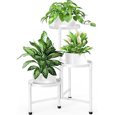 LINZINAR Plantenstandaard van metaal, 4-laags 5-voudige bloempot in pot, plank, voor binnen en buiten, plantenrek, voor terras, tuin, hoek, balkon, woonkamer (4-laags 5 potten, donkergrijs