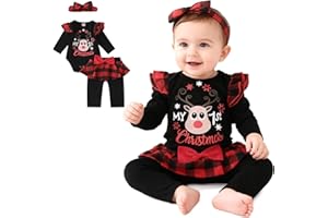 Asmea Ropa Navidad Bebe Traje Navidad Bebe Conjunto Bébé Disfraz Navideña Bebé la Primera Navideña Body Reno+Pantalones+Diadema Ropa Bebé Niña 0-18 Meses