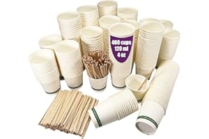GoBeTree 400 bicchieri da caffè bianchi monouso da 110 ml / 4 oz, bicchieri di cartone bianco monouso con palette di legno per il caffè. Adatti per bevande fredde e calde.