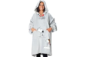 Kanguru - Felpa Coperta Donna Snoopy con Cappuccio,Plaid Pile Oversize con maniche, Hoodie, Pigiama Invernale, Idea Regalo Compleanno Natale Donna Uomo, Soffice per Divano, 90x95 cm Grigio Peanuts