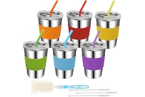Hikrxya Lot de 6 gobelets en acier inoxydable pour enfant avec couvercle et pailles, 350 ml