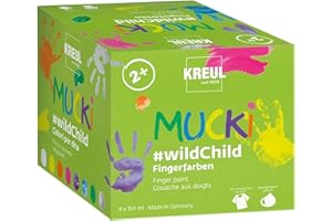 KREUL 2305 - Mucki Fingerfarben Premium Set Wild Child, 8 x 150 ml Farbe in Weiß, Gelb, Orange, Pink, Zauber-Lila, Diamanten-Blau, Grün, Drachen-Silber, auf Wasserbasis, für Kinder ab 2 Jahren