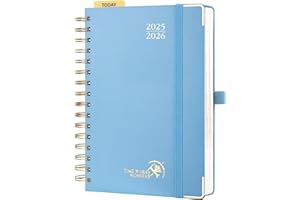 POPRUN Agenda 2025 2026 Dia Por Pagina 21,5 x 14,5 cm, Espiral Diaria 12 Meses de Ago.2025 a Jul.2026, Tapa Dura, Regla de Plásticol, 80 GSM Papel, Azul Neblina