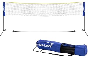 Hauki Badminton Netz, Tennisnetz 400cm/500 cm, Schwarz/Blau, H156 cm, Federballnetz Set, 3x Federball, Transporttasche, stabilem Eisen-Gestell, Tragbares Volleyballnetz, Trainingsnetz Indoor & Outdoor