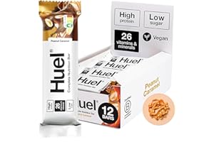 Huel Complete Nutrition Bar, 12 x 55g Bars, Peanut Caramel, High Protein Bar, Plant-Based Protein Bars, Low Sugar, High Fibre, High-Protein Snack with Vegan Chocolate, Under 210 Calories