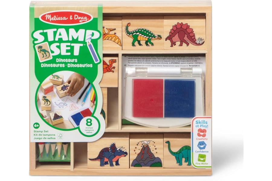 Melissa & Doug Dinosaur Stamp Set with Colouring Pencils for Children | Arts and Crafts for Children Age 4+ | Wooden Stamps for Kids | Dinosaur Toys for Boys Gifts | Art Set Gift - FSC Certified