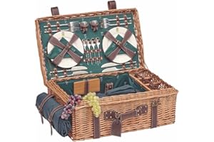 Les Jardins de la Comtesse - Kosz piknikowy Champs Elysees zielony – pleciony i skóra – kompletny dla 4 osób – komora chłodząca – talerze ceramiczne i kieliszki do wina / wodoodporny obrus – 57 x 37 x 23 cm