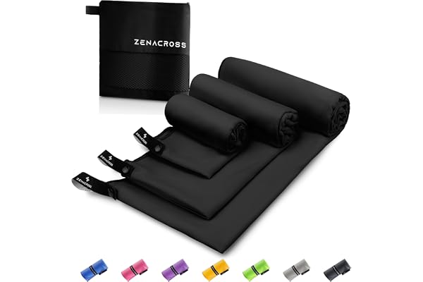 Zenacross Mikrofiberhandduk (Set om 3) med Transportväska - Kompakt Sporthandduk, Snabbtorkande och Absorberande S, M, L - Nyeusi