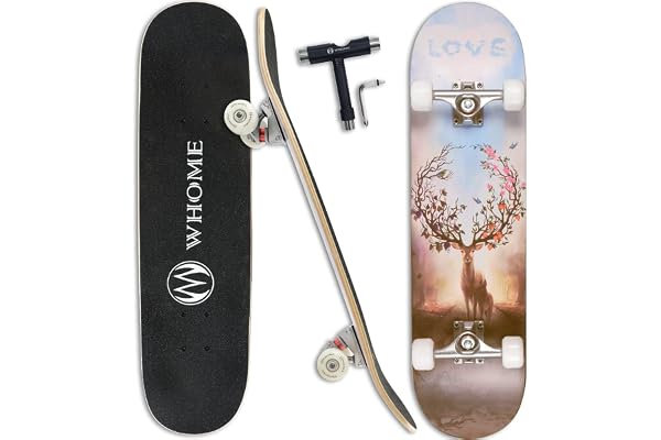 WHOME Pro Skateboard Complet pour Adulte/Enfant Fille/Garçon Débutant/Pro - 31 x 8 inch Standard,Plateau 8 Plis érable Alpin,Roulement ABEC-9,T-Tool Inclus