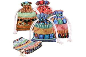 BQRKOTM 12 Sacchetti per Monete Gioielli in Cotone Egiziano, Stile Etnico Lino Iuta Sacchetti Regalo, Coulisse Cotone Riutilizzabile Sacchett, Sacchetti per Confetti