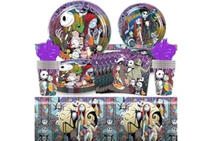 Nesloonp Vaisselle Fête Décoration, 81pcs Vaisselle de fête The Nightmare Before Christmas, Film d'horreur Assiettes en Papier à Thème d’Halloween Comprend Nappe,Assiettes,Tasses,Halloween Eve