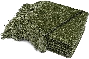 RECYCO Chenille Throw Blanket with Tassels Soft Cozy Sofa Chair Bed Gift, 152x127cm, Olive Green