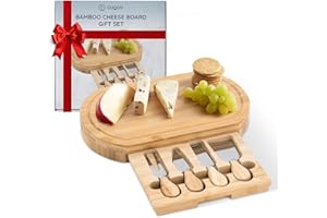 CUQOO Bamboo Cheese Board Set with Drawer & 3 Knives – Wooden Charcuterie Board, Cheeseboard Gift Set for Serving, Grazing, Cheese Boards & Knives, Cheese Platter for Cheese Lovers (Oval)