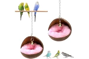 ZENFUN 2 Packs Coconut Bird Nest, Parrot Coco House with Warm Mat, Bird Cage Hanging Toy, Natural Wood Resting Breeding Place for Parakeet, Cockatiel, Budgies