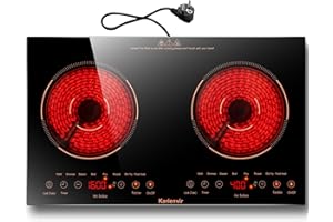 Karienvir Piano Cottura Vetroceramica 2 Fuochi 60cm 220 – 240 V, 3600W Piastra Elettrica Portatile con Spina 2 Fuochi, Cristallo Nero, Spegnimento Automatico di Sicurezza, Toccare，arancione