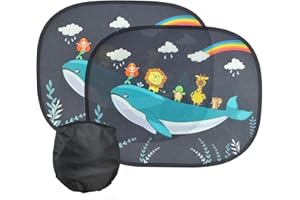 KAYRUK Pare Soleil Voiture Bébé Ventouse,2PCS Pare Brise Vitres Latérales pour Enfant,Auto Adhésifs,Sac Rangement,Protection Solaire et UV (Baleines Bleues et Animaux, 440mm*350mm)