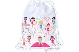 HECKBO Enfants filles sac de gym, sac de danse - sac, blanc imprimé sur les deux côtés avec des gymnastes - 40x32cm - convient cour de gym, école maternelle, crèche, voyage - sac de gym pour filles
