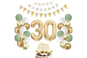 MOORLE 30. Geburtstag Deko Salbeigrüne - Luftballon für Männer und Frauen, Ballon Grün Weiß Gold, Zahl 30 Folienballon, Tortendeko für Dekoration