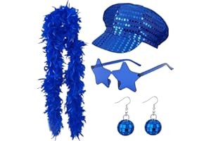 QHGPNT 4-Piece Abba Accessories Set, Blue Feather Boa with Sequin Hat, Funky Earrings and Star Glasses, Retro Disco Dress Up for Women, Perfect for Theme Parties, Dance Performances and Music Festivals