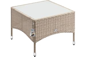 CASARIA® Mesita de Centro Poliratán 58x58x42cm Carga hasta 80Kg Mesa Auxiliar Jardín Ajustable en Altura Tablero Vidrio Resistente Intemperie Crema