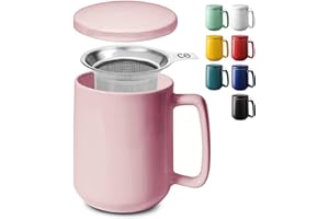 COSUMY Tazza di Ceramica con Filtro e Coperchio - Rosa - 500ml Grande - Con Manico - Lavabile in Lavastoviglie - Per Tè e Infusi