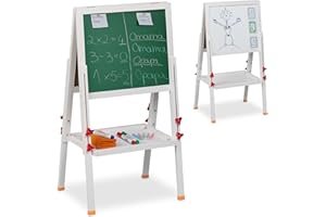 Relaxdays Lavagna per Bambini, Cavalletto, Lavagnetta Magnetica e Ardesia con Gessetti, HLP: 81-104 x 45 x 42 cm, Bianca