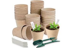 Aileem 40 Pack Round Fibre Pot Seed Seedling Pot, 8cm Biodegradable Plant Pots with 40pcs Plastic Plant Lables and Transplanting Digging Tools, Plant Flower Seed Tray Pots Kits, Garden