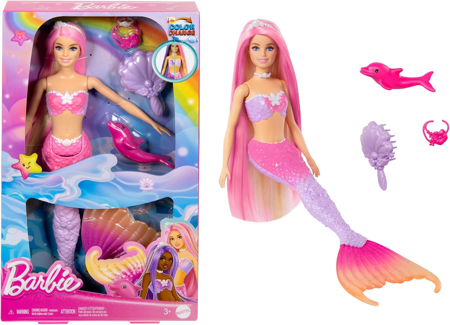 Barbie Muñeca sirena Malibú que cambia de color con el agua con accesorios de moda y delfín, serie Un toque de magia, juguete +3 años (Mattel HRP97)