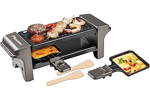 ‎BESTRON Bestron Raclette für 1 bis 2 Personen, Mini Tischgrill mit zwei Pfännchen, zwei Holzschabern & zwei Untersetzern, 350 Watt, Farbe: Titangrau