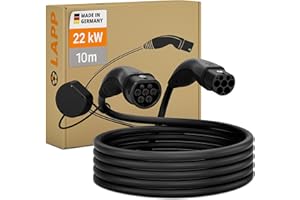 LAPP MOBILITY 22KW Cable Recharge Voiture Electrique 10m Type 2 Cable Charge Voiture - IP55 Résistant à l'eau Cable Type 2 22KW 32a - Câble Recharge Type 2 Mode 3 - Noir - Fabriqué en Allemagne