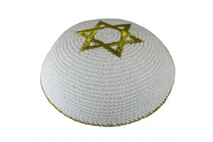 ROUND DESIGNS De punto kipá Algodón Blanco Y Dorado Estrella de David, Kippot con estrellas de David, judío sombreros Yarmulkes, Kippot, CUPPLES