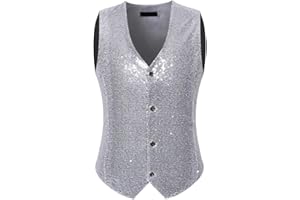 LUOLUOLUO H Gilet Uomo Paillettes Bottoni Formale Senza Maniche Gilet Uomo Abito V-Collo Fantasia Nero Gilet Affari Casual Classico Spettacolo Panciotto Blazer Gilet Uomo Sposo Matrimonio S M L XL XXL
