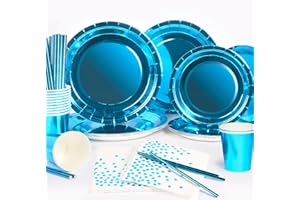 Yidaxing Blu Feste di Compleanno Set, 120pcs Stoviglie, Piatti di Carta Cannucce Decorazioni per Anniversari Matrimonio Baby Shower, 24 Ospiti